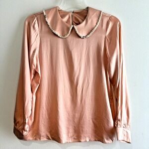 VTG Delino Women's Pink Satin Top Size 12  Pearl Trim Collar Romantic Feminine